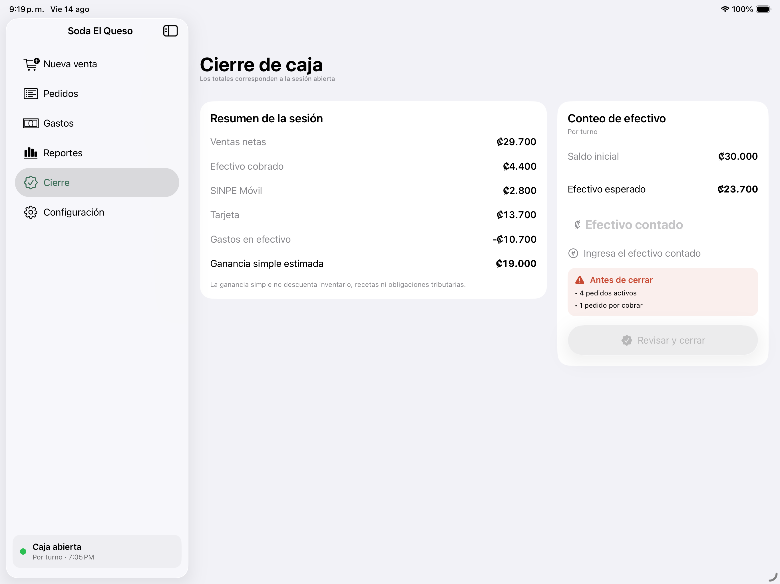 Pantalla de cierre y conteo de caja